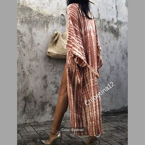 NEW Rusted Red Open Front Long Kimono Duster Loose Swimsuit Beach Cover up - Picture 2 of 8